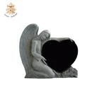 Simple design square shaped headstone tombstone with hand carved gray granite angel statues NTGT-061L