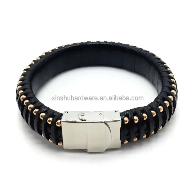 Factory supply top quality 316L stainless steel Genuine leather bracelet