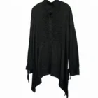 Ladies' Black Round Neck Gathering Front Long Sleeves blouse with square trimming