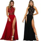 Temperament women see through lace halter sexy backless bifurcated evening party dress