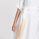 2019 Summer Fashion Tassel White Linen Maxi Dress Cotton