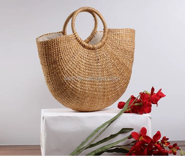 beach bag with wood round handle straw summer basket handbag