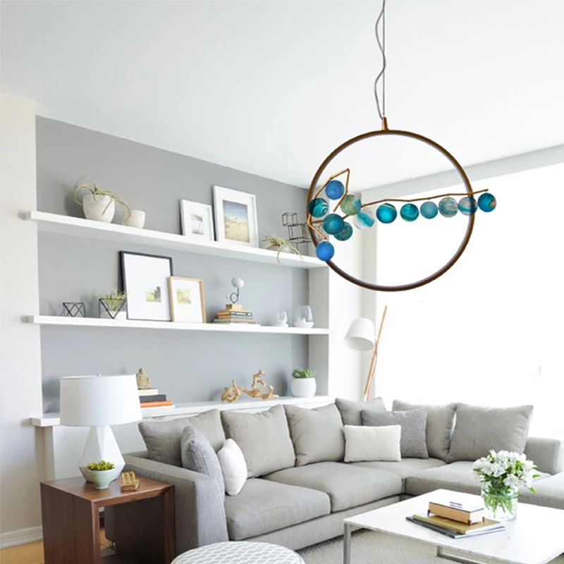 Modern Design home decor agate coffee shop green Aluminum LED round chandeliers