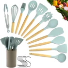 2019 New Color Nylon Wood Wooden Silicone Cooking Tool Stainless Steel Kitchen Utensils Set