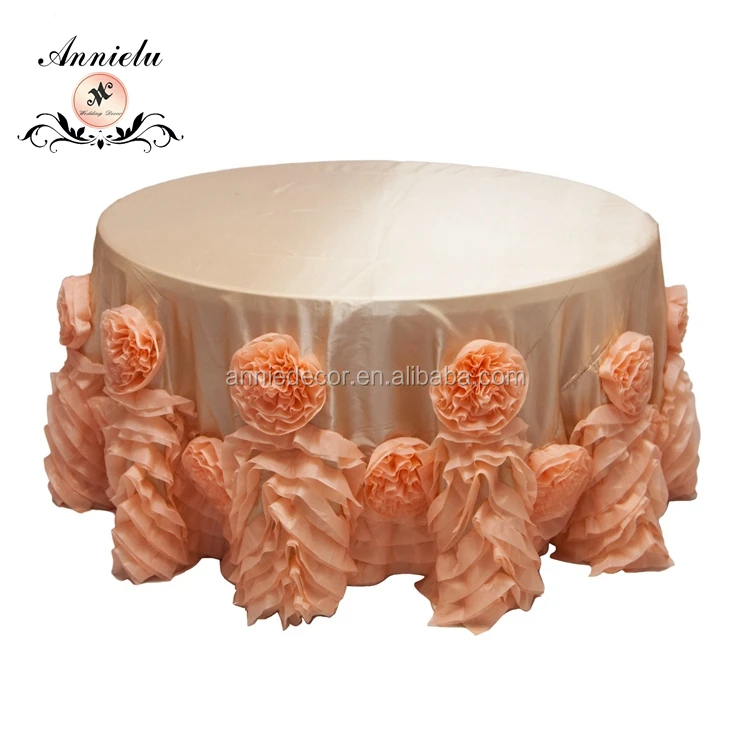 Luxury Taffeta Rosette Flower Embroidery Round luxury Wedding Table Cloth
