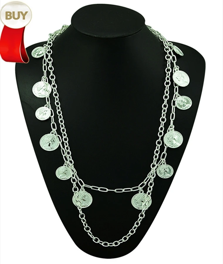 Gypsy Ethnic Jewelry Long Tassel Caving Coin Gold Silver Statement Necklace Vintage Sweater Chain Necklaces For Women Dress