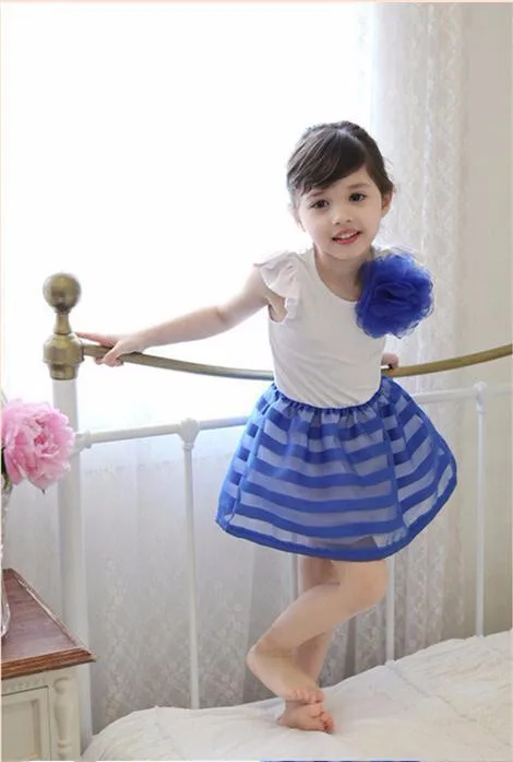 2015 summer girls dress girls princess stripe dress 3D flower color cute pageant party wedding costume kids clothing best gift