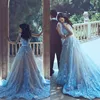 sexy indian style jewel neck sheer tulle light blue color long evening dress with 3D Floral Appliques