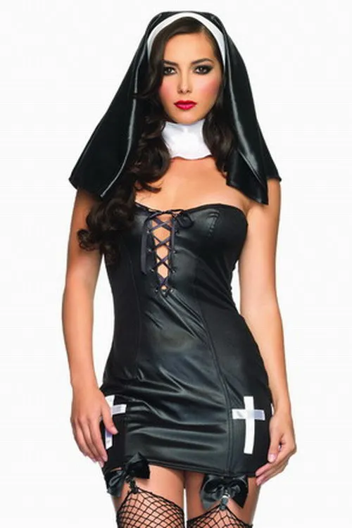 Halloween Costumes for Women LA5262 High Quality Cosplay Nun Outfit With Headscarf Fantasy and Sexy Black Slim Dress