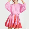 2019 Latest Long Puff Sleeve 100% Cotton Lantern Sleeve Belt Tie Dyed colorful pleated bubble prom mini sexy party evening Dress