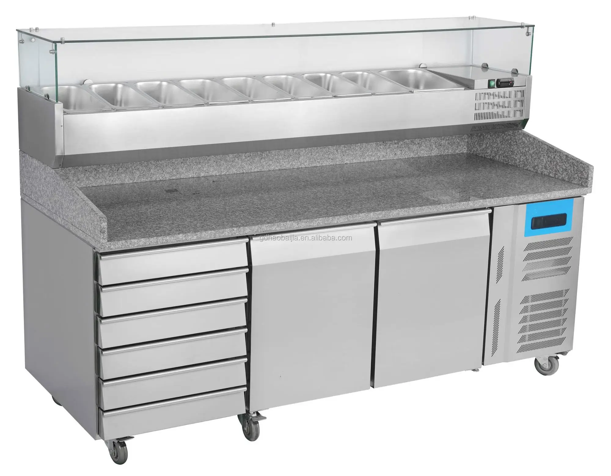 Stainless Steel Pizza Prep Table Fridge With Marble Countertop
