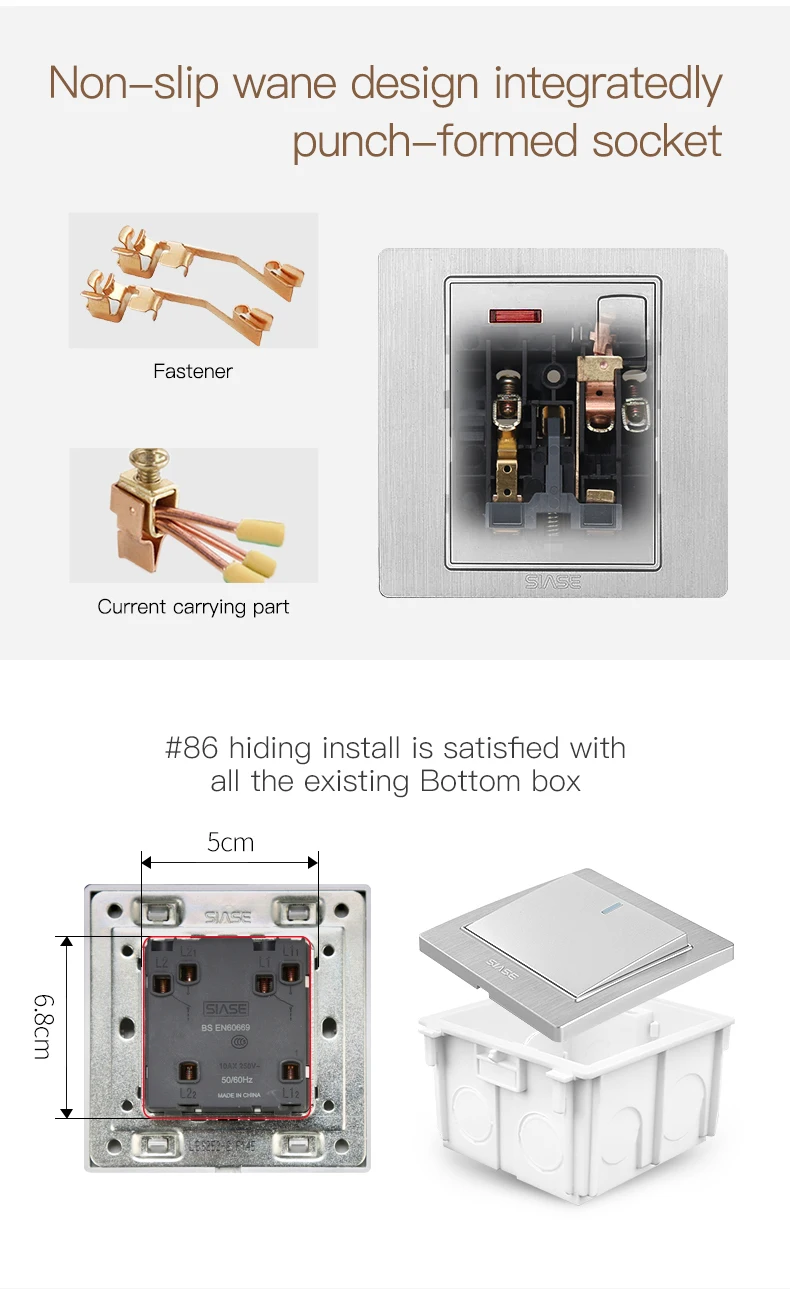 SIASE House 86 Series Model 220V Flush Mount Silver 10 amp Control LED Light Switch
