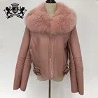 Girls short coat double faced real fox fur collars coat sheepskin leather jacket