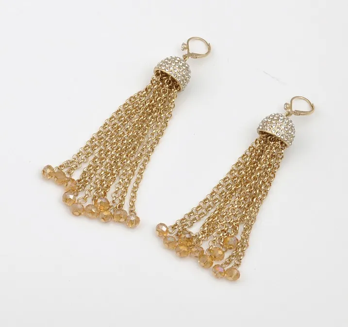 Gold Jewelry fashion accessories luxury full rhinestone long tassel drop earrings women
