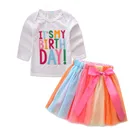 Mudkingdom sweet child girl long sleeve birthday embroidered summer boutique t shirt rainbow colorful skirt set clothing