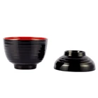 SwanTableware Brand Rice Miso Soup Bowl with Lid and Spoon 10.5 oz Black and Red
