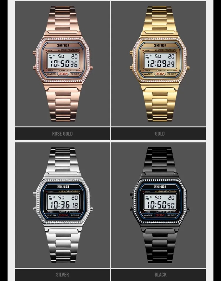 SKMEI 1474 Fashion gold color watch Women Digital 3 atm water waterproof sport wristwatch women watches reloj