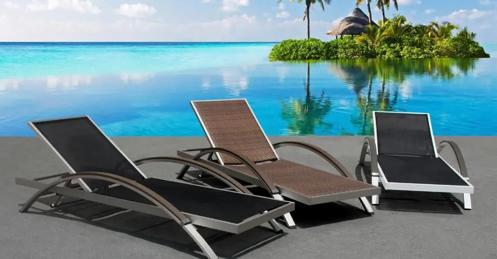 Five star hotel Stackable garden patio aluminium mesh rattan chaise sun bed folding sling wicker