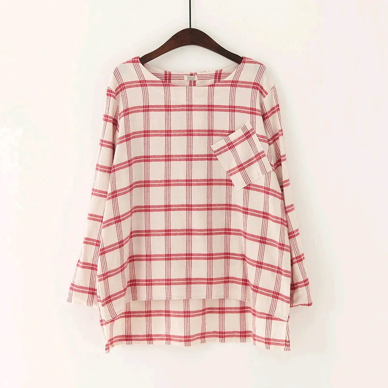 Plaid Shirt Women Red Blue Plaid Long Sleeve Shirts For Women Big Size Pocket Decoration Asymmetrical Hem Loose Blouses Tops