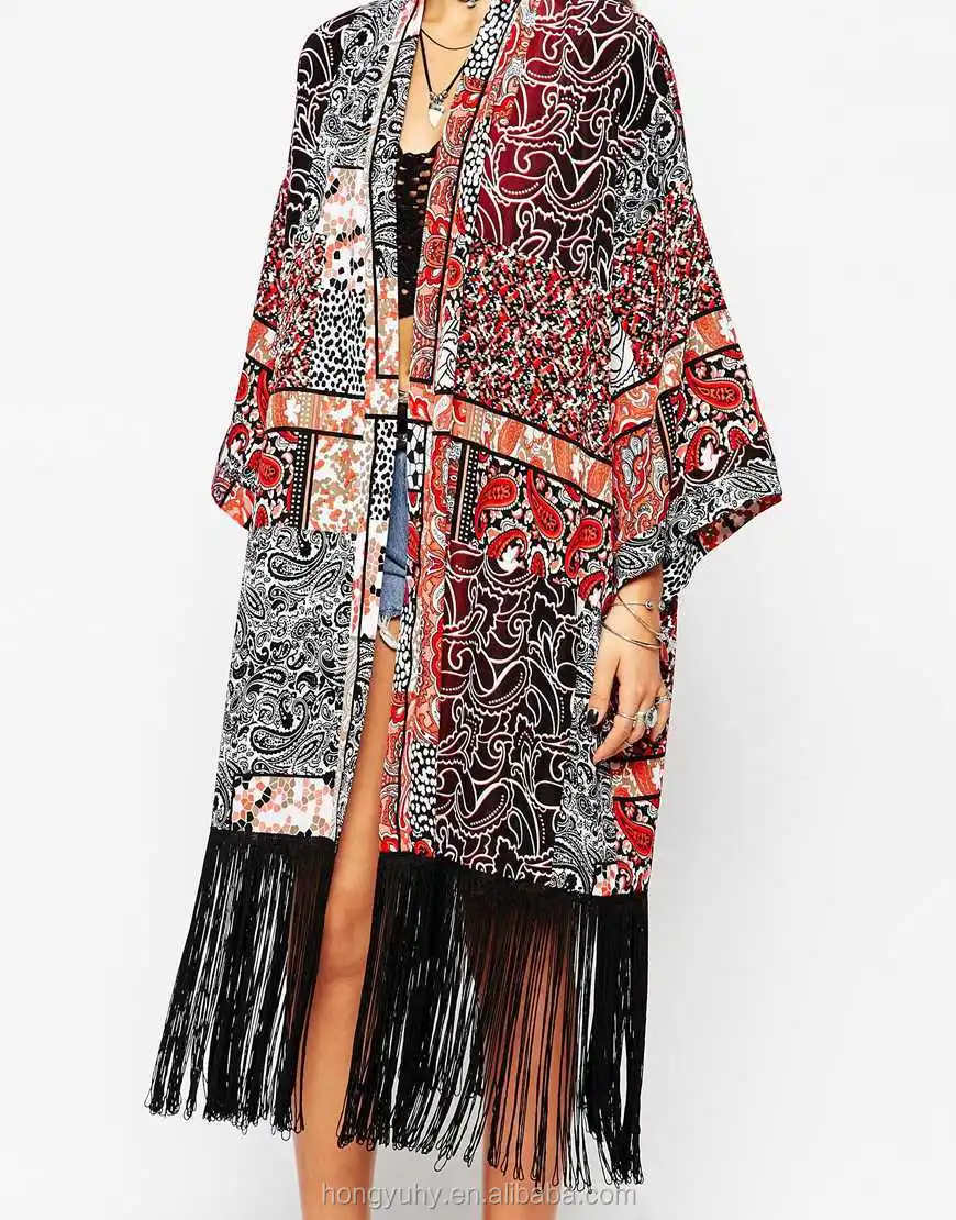 Wholesale New 2016 Paisley Long Boho Printed Fringed Kimono With Tassels In Patchwork Festival