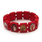 Custom logo wood bangle, personalized square red bracelet, elastic tile wooden gift religious Catholic saint bracelet