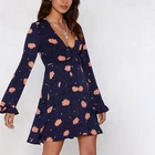 China Manufacturer YILEYA 100% Polyester Flower Spotty Print Long Sleeve Tie Front Dress