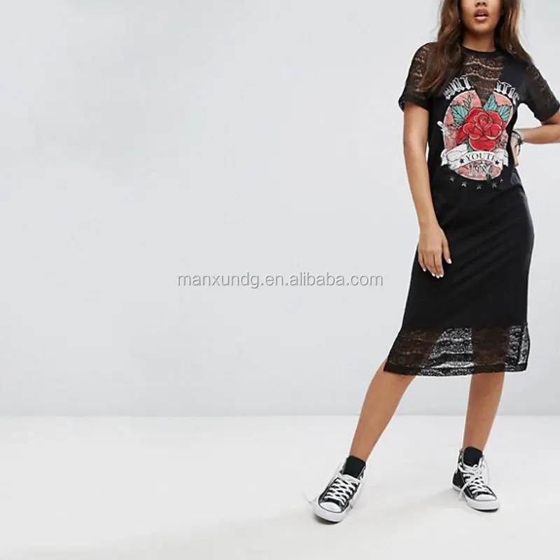 2017 de moda de chica Casual Loose Fit de manga corta patrón impreso camiseta vestido Rock de impresión de encaje de Midi, vestido de camiseta