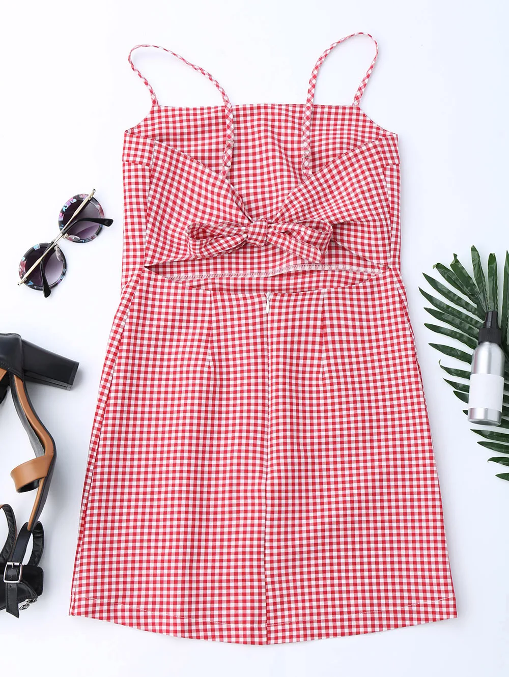 AZULINA Women Sexy Summer Beach Dress Cut Out Sleeveless Spaghetti Strap Sweet Plaid Bow Tie Back Mini Dress Sundress vestidos 6