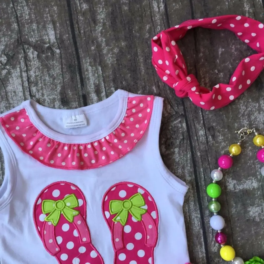 Baby girls ruffles shorts clothing suit summer Slipper cotton outfits kids set hot pink polka dot with matching accessories