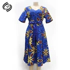 African Kitenge Top Designs Blue Floral Print Dress Latest Fashion Pretty One Piece Dresses Knee Length In Africa