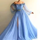 Muslim Evening Dresses Long Sleeves Tulle Slit Pearls Islamic Dubai Saudi Long Formal Prom Gowns