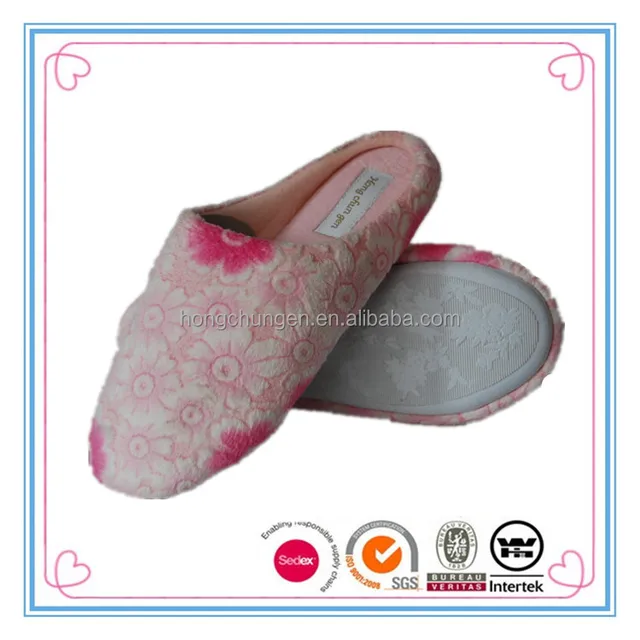 Pink embross plush ladies home mule slippers