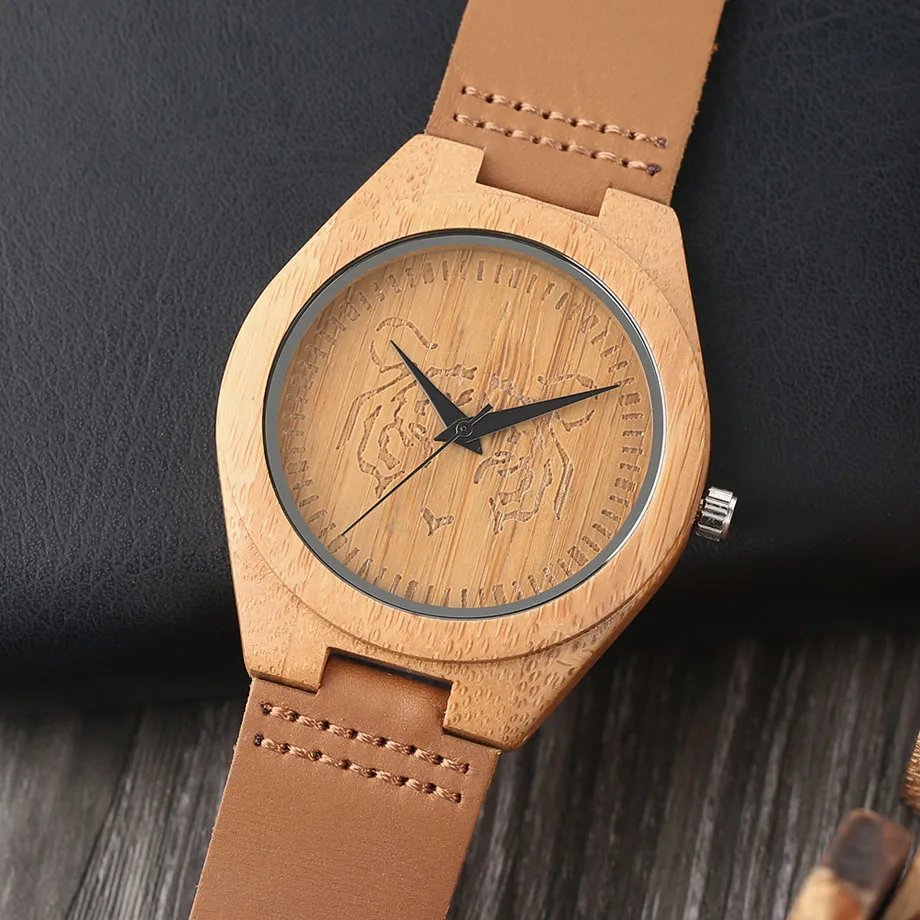 High Quality Men's Handmade Natural Wooden Watch Tiger Pattern Brown Genuine Leather Strap Quartz Wristwatch Male Sports (11)