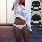 2018 Sexy Mesh Patchwork Letter Long Sleeve O Neck Crop Top Short Female Women Sweatshirt