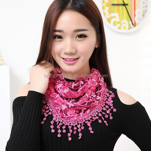 women rose embroidery lace triangle pendant flower scarf tassel