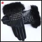 Sexy women studded leather gloves real rabbit fur cuff leather gloves