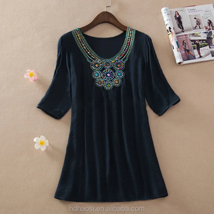 Hotsale O-neck Printed Retro Vintage Bohemian Loose Casual Chiffon shirts Blouse top clothing for women