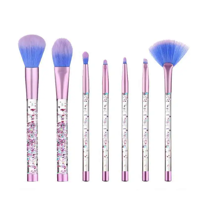 7pcs Unicorn Series Shiny Crystal Liquid Quicksand Glitter Acrylic Handle Nylon Hair Makeup Tool Brush Set