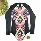 High Quality Sexy Long Sleeves Rash Guard Women Geometric Print Swimwear High Neck One Piece Swimsuit Zipper bathing suit