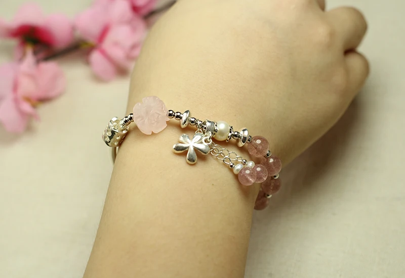 Sinya strawberry quartz rose quartz pearl bracelet in 925 sterling silver for girls women lover (3)