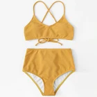 swimwear women sexy bikini crisscross lace up back rib knit top with high waist bikini set