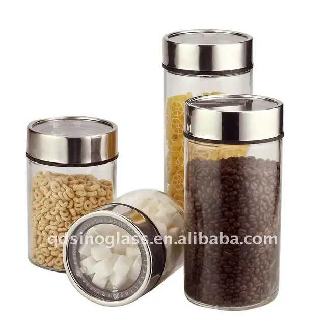 SINOGLASS trade assurance 4pcs with date dial lid round shape airtight glass storage Jar