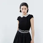 Camisetas Mujer Top Selling Lace Black and White Contrast Color Cute Doll Collar Women Short-Sleeved Blouse