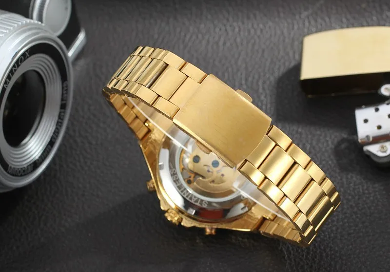 2016 New Hot Sale Skeleton Hollow Fashion Mechanical Self Wind Men Luury Male Business Gold Stainless Steel Strap Wrist Watch