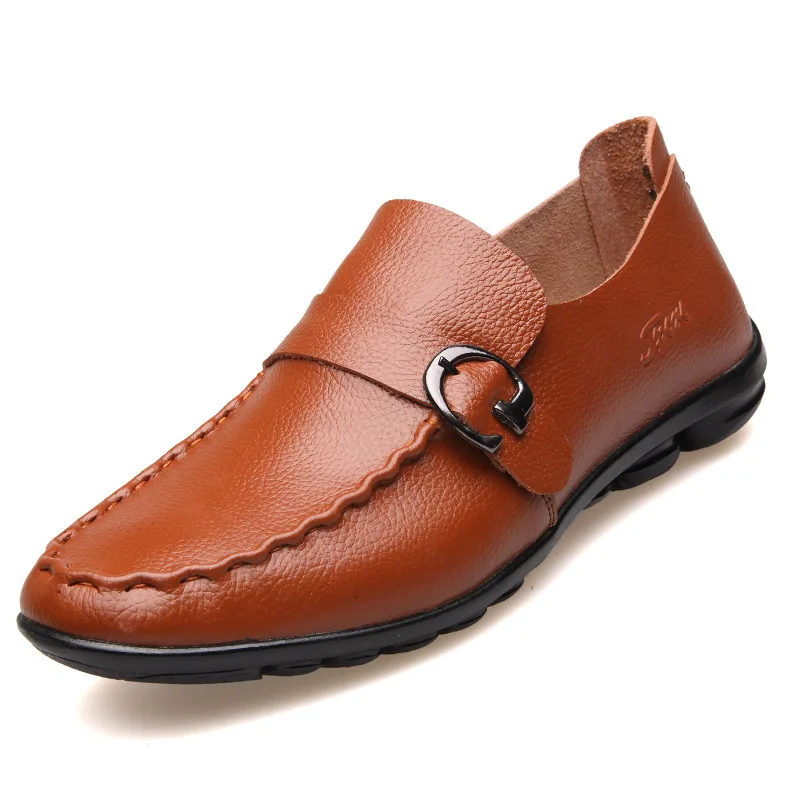Men Loafers Shoes Spring/Autumn 2015 Brand Mens Buckle Solid Color Flats Casual Shoes Mens Slip On Shoes Genuine Leather Loafers