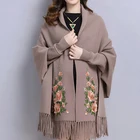 P18C30TR high quality wool cashmere poncho scarf knitted cover-up with tassels and embroidery