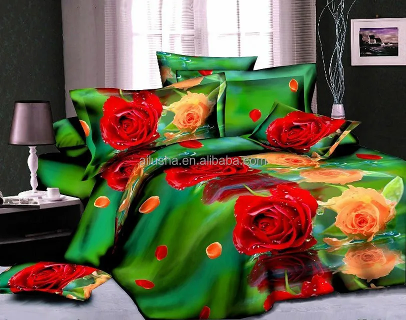 3d Vivid Bright Green Red Flower 4pcs Cotton Polyester Queen Size