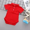 Red Color Unisex Basic Knit Romper Suit Short Sleeve Baby Bodysuit Jumpsuit Plain Child Outfit Clothes