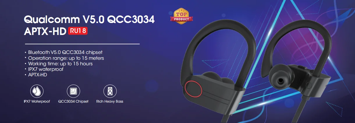 RU18 IPX7 Waterproof APTX-HD Bluetooth V5.0 Headphone with Qualcomm QCC3034 chipset - ANKUX.COM
