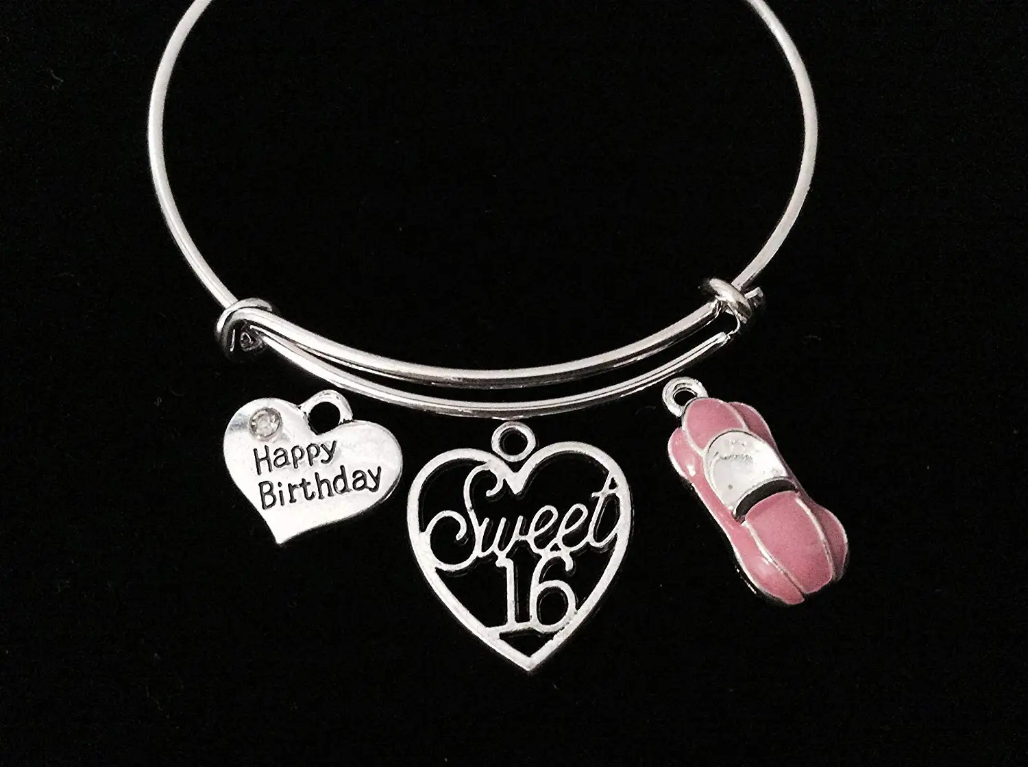 pink car sweet 16 heart adjustable bracelet expandable charm